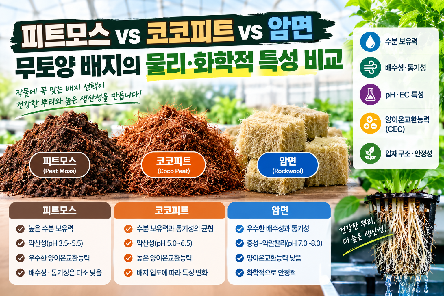 피트모스 vs 코코피트 vs 암면: 무토양 배지의 물리·화학적 특성 비교