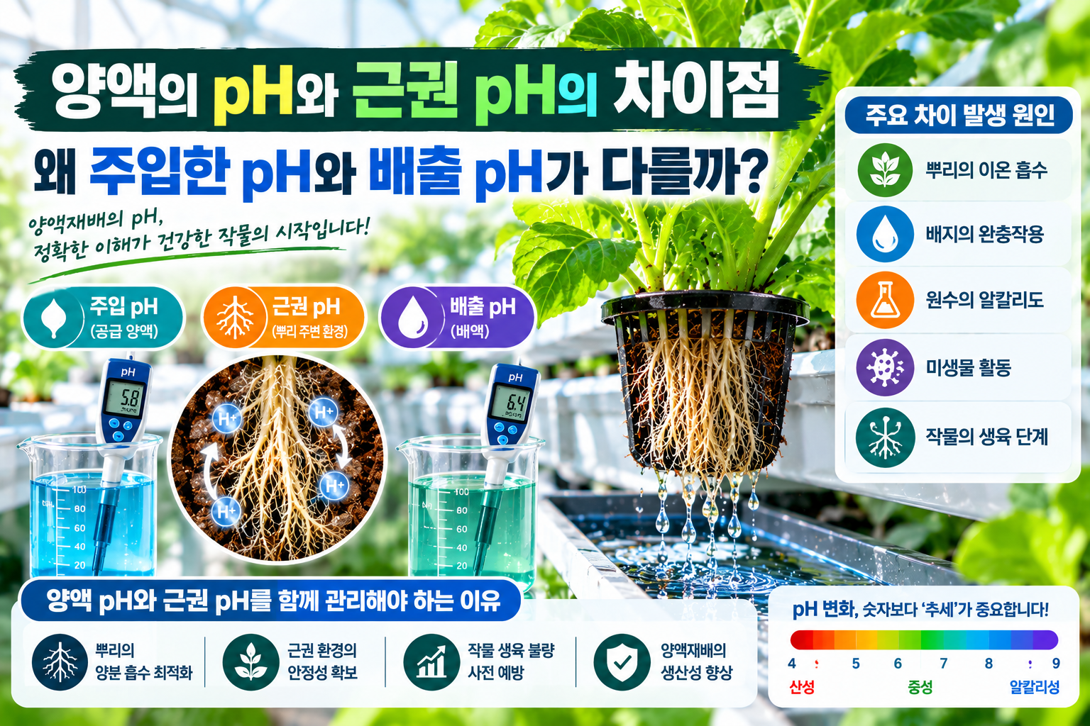 양액의 pH와 근권 pH의 차이점: 왜 주입한 pH와 배출 pH가 다를까?