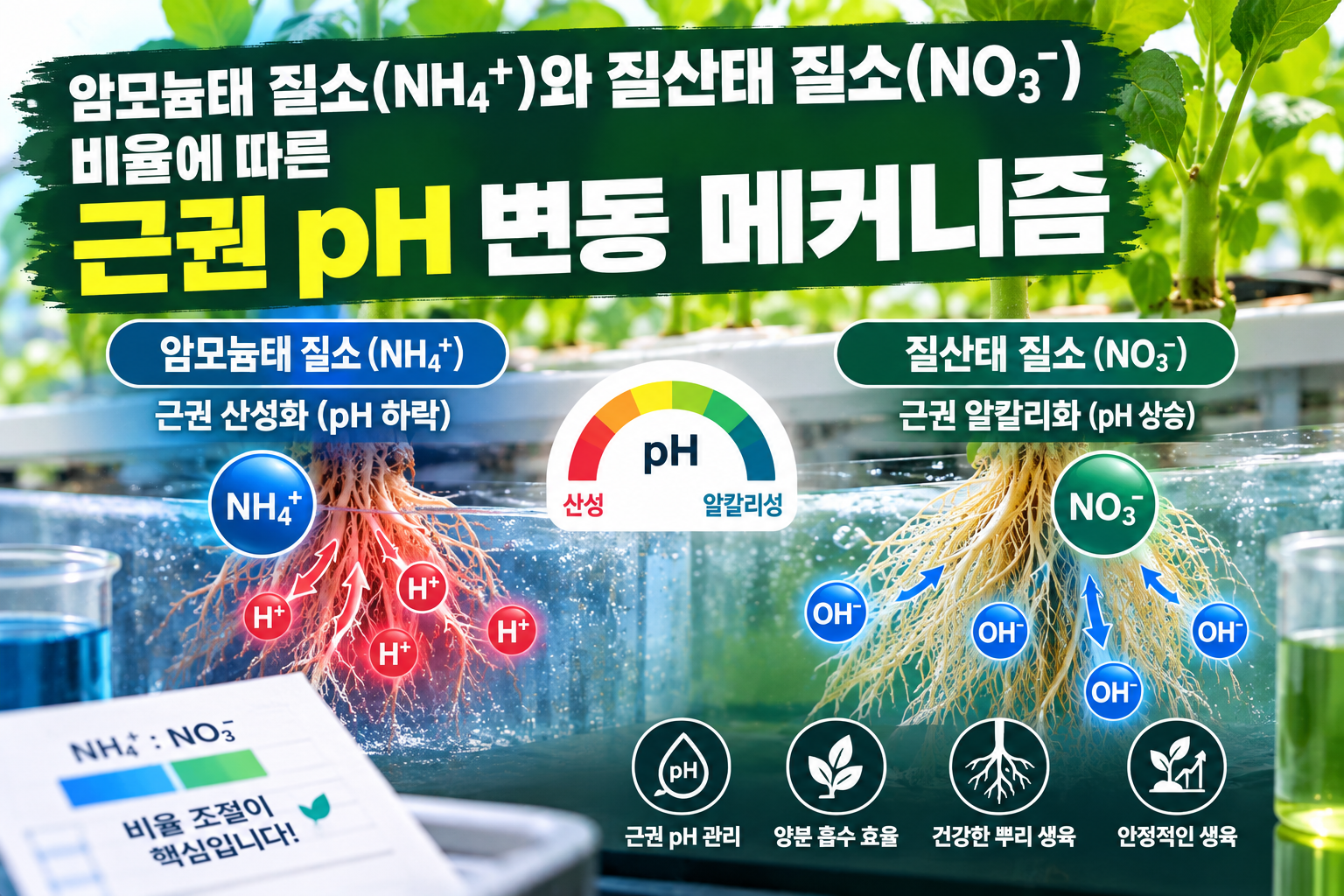 암모늄태 질소($NH_4^+$)와 질산태 질소($NO_3^-$) 비율에 따른 근권 pH 변동 메커니즘