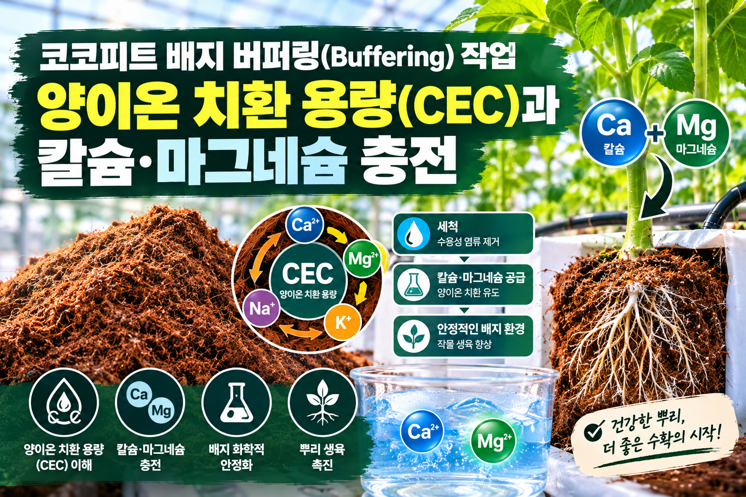 코코피트 배지 버퍼링(Buffering) 작업: 양이온 치환 용량(CEC)과 칼슘·마그네슘 충전